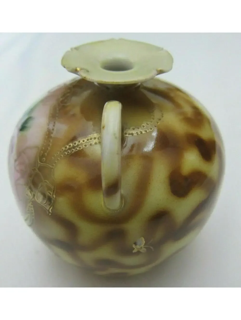 Vintage Nippon Round Vase w/ Handles, Hand Painted Roses Floral Gold Gilded Bead